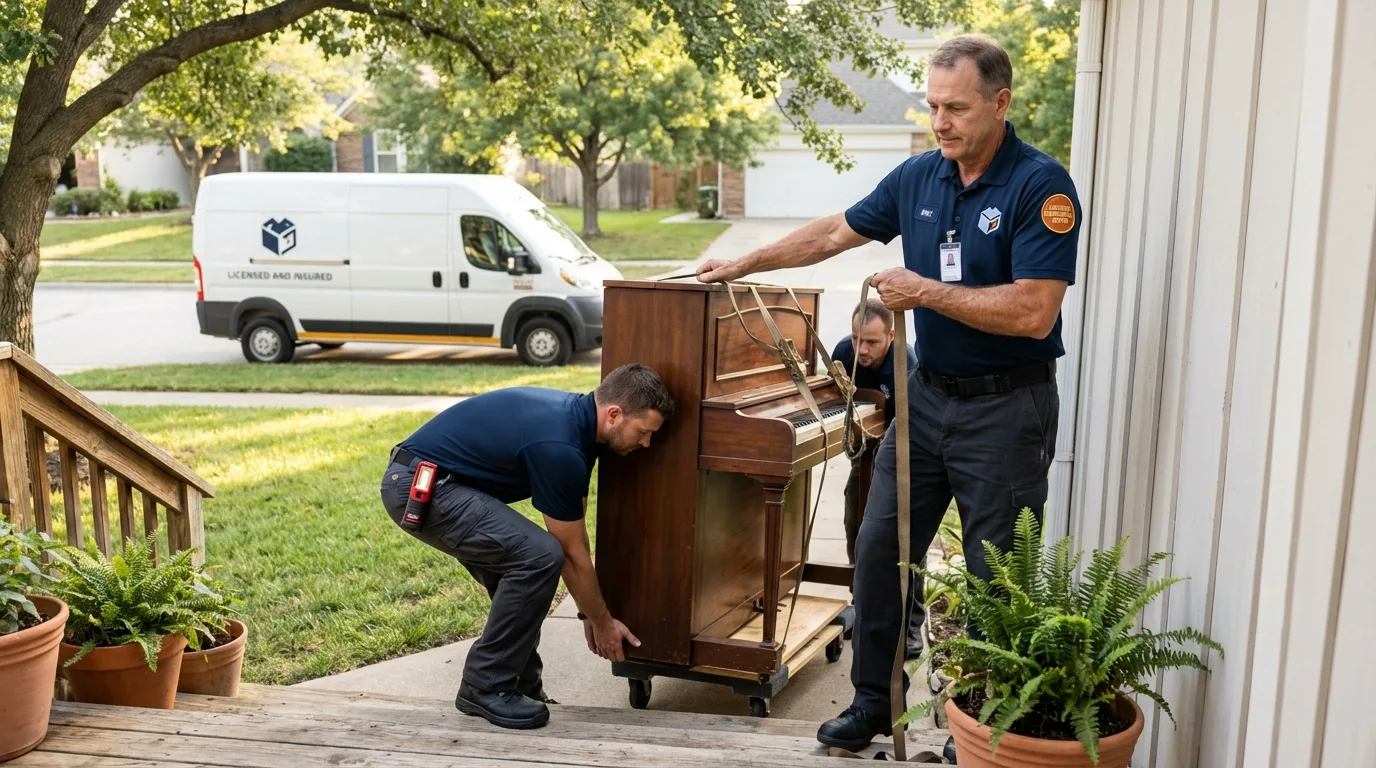 Licensed piano movers securing grand piano in Gilbert, AZ