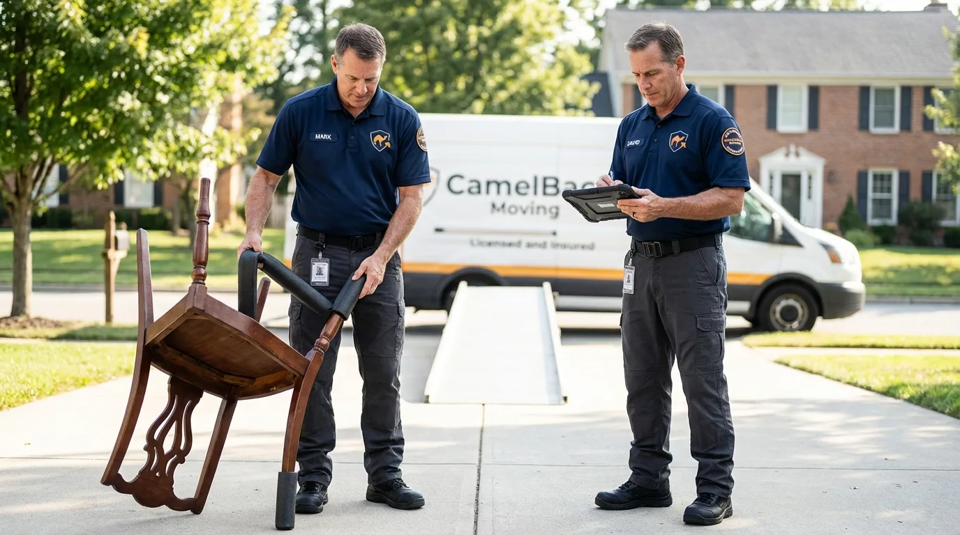 Movers inspecting furniture for damage prevention before loading in Gilbert, AZ