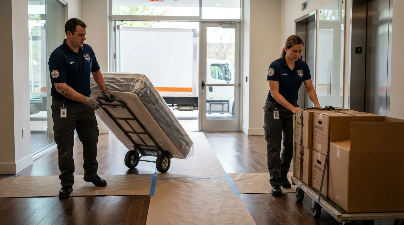 Professional apartment movers loading elevator in Gilbert, AZ